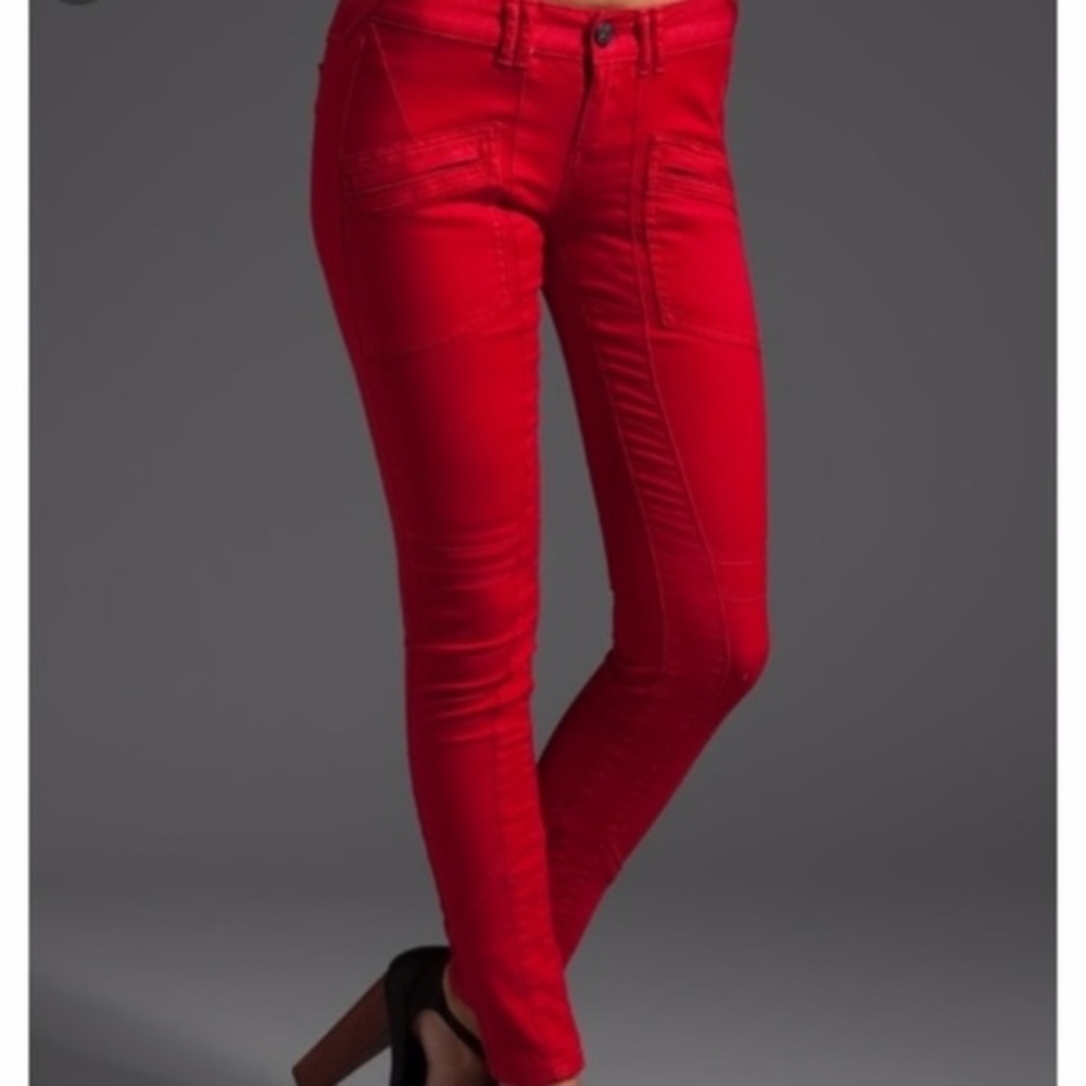 Free People women 27 moto red‎ utility skinny jeans denim minimalist Preppy